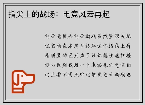 指尖上的战场：电竞风云再起